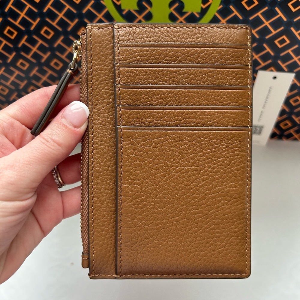 Tory Burch Britten Zip Card Case Card Wallet Moose Gold Tan Brown - Picture 5 of 7